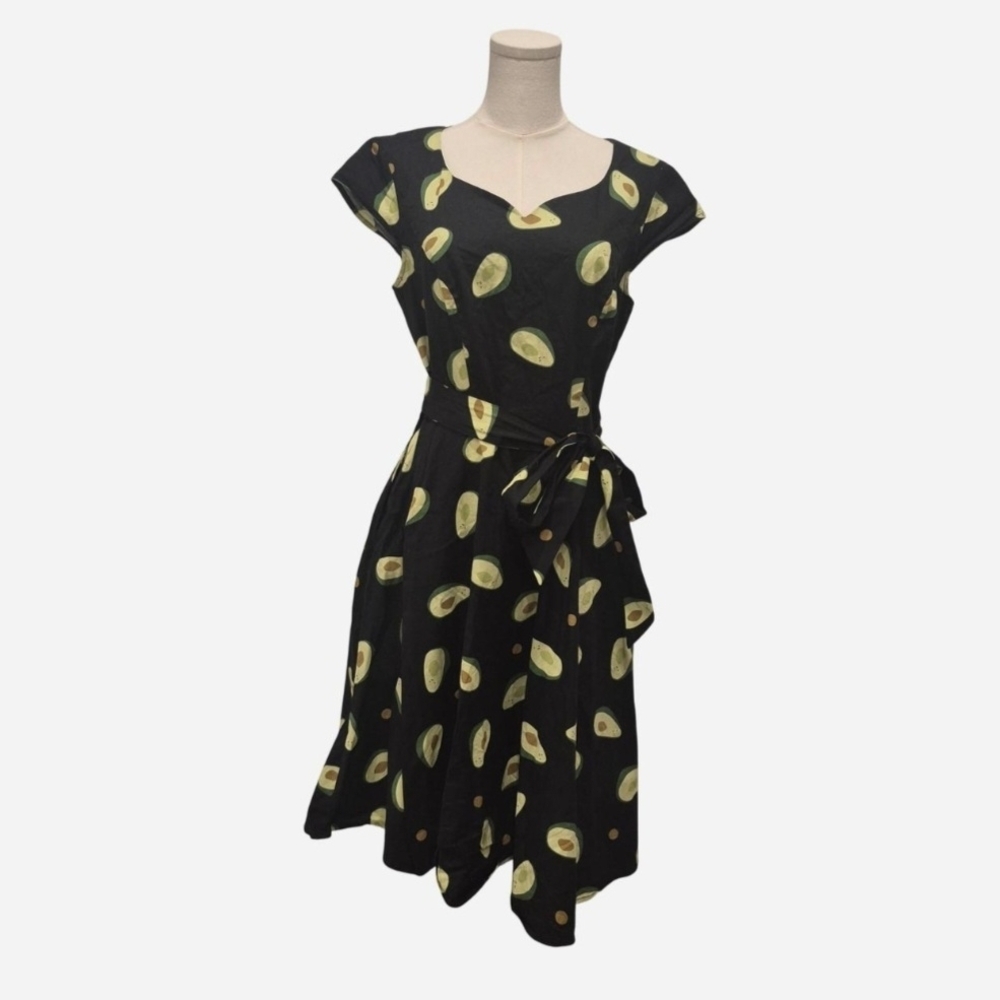 Vintage Avocado Print Black Midi Dress